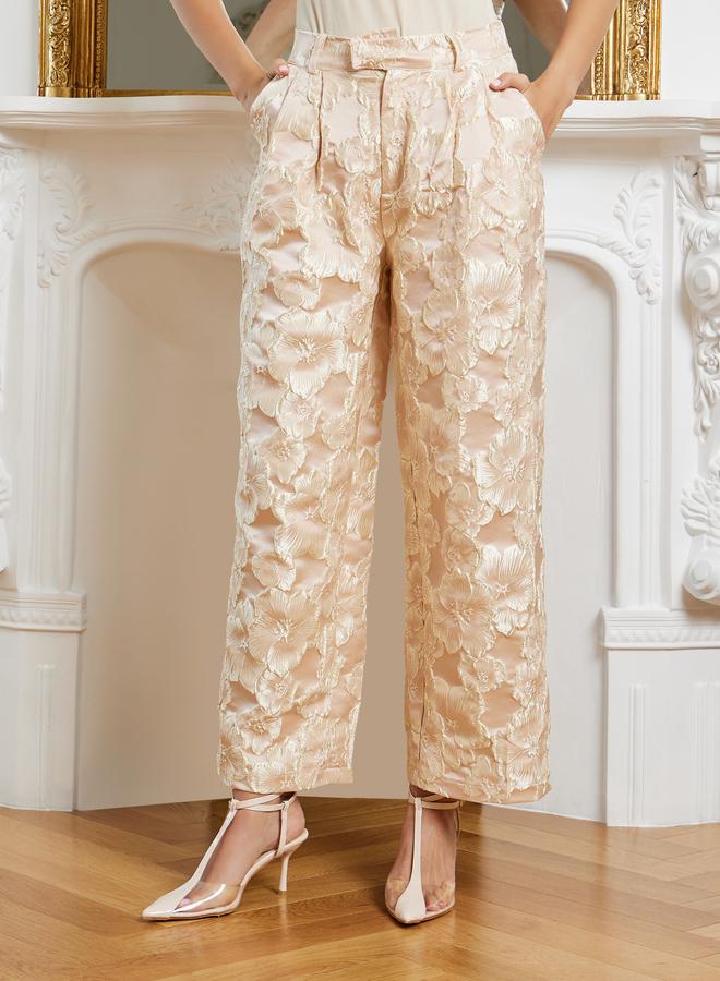 Styli Women Beige Jacquard Wide Leg Trousers - Image 1